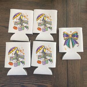 Festive Mardi Gras Can Coolers - White with Multicolor Design